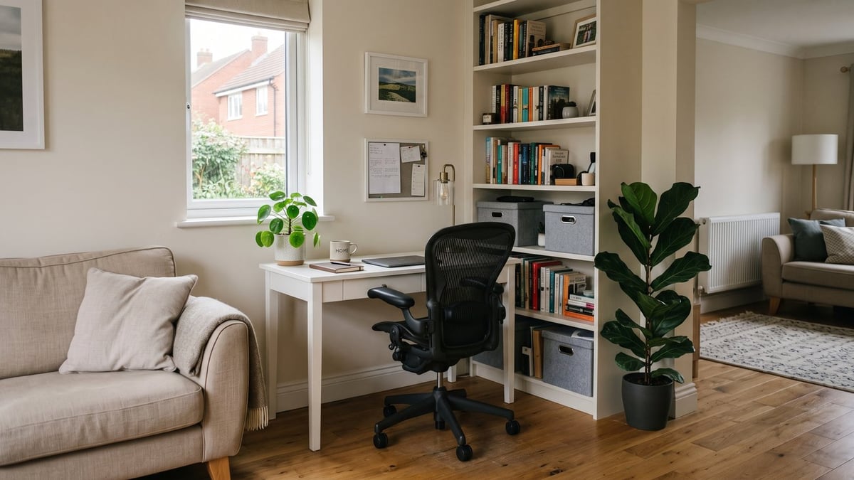 Tidy home office corner in a UK living room with a slim desk, shelving and a green plant