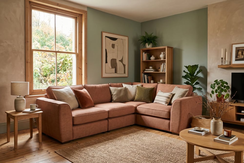 Modular sofa shown arranged as an L-shape in a warm-toned living room