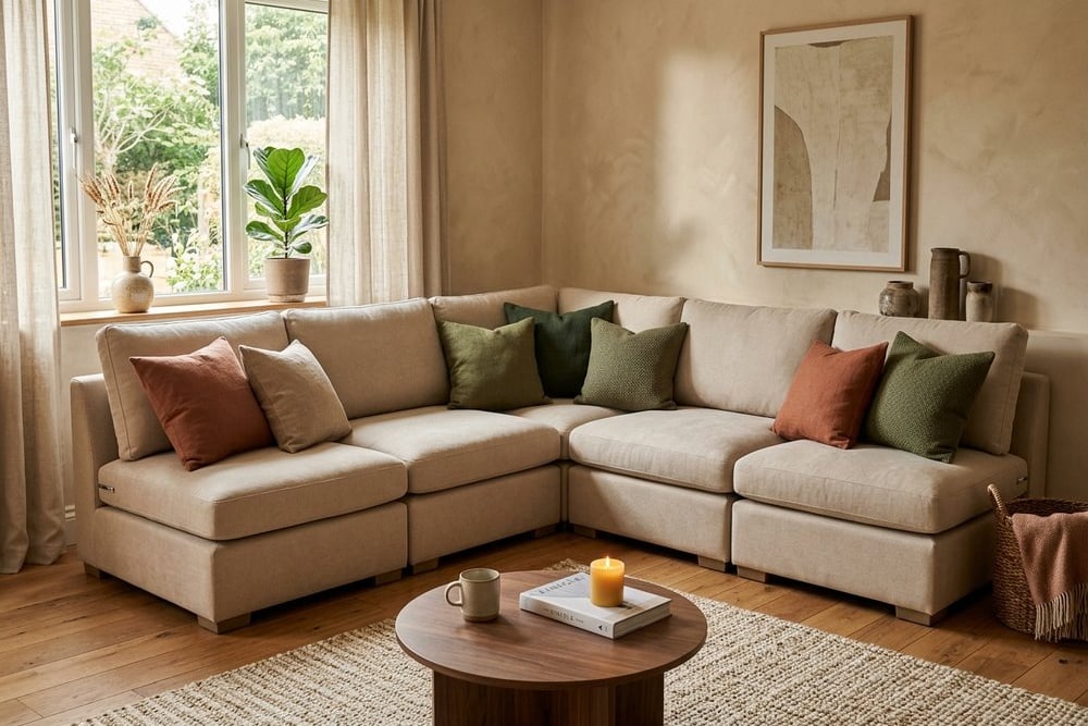 L-shaped corner modular sofa fitted against a wall