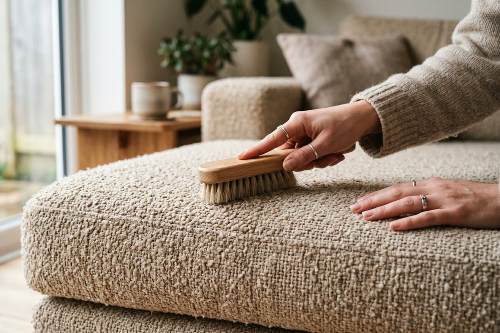 Close-up of warm boucle and woven sofa fabric being brushed clean