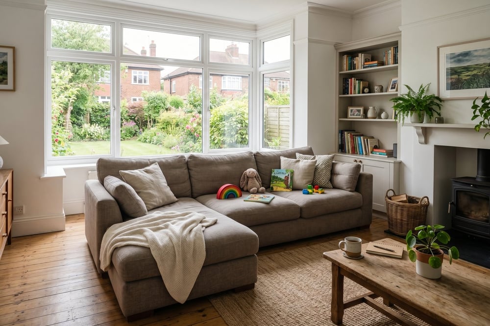 Large modular sofa filling a bright family living room with children's toys nearby