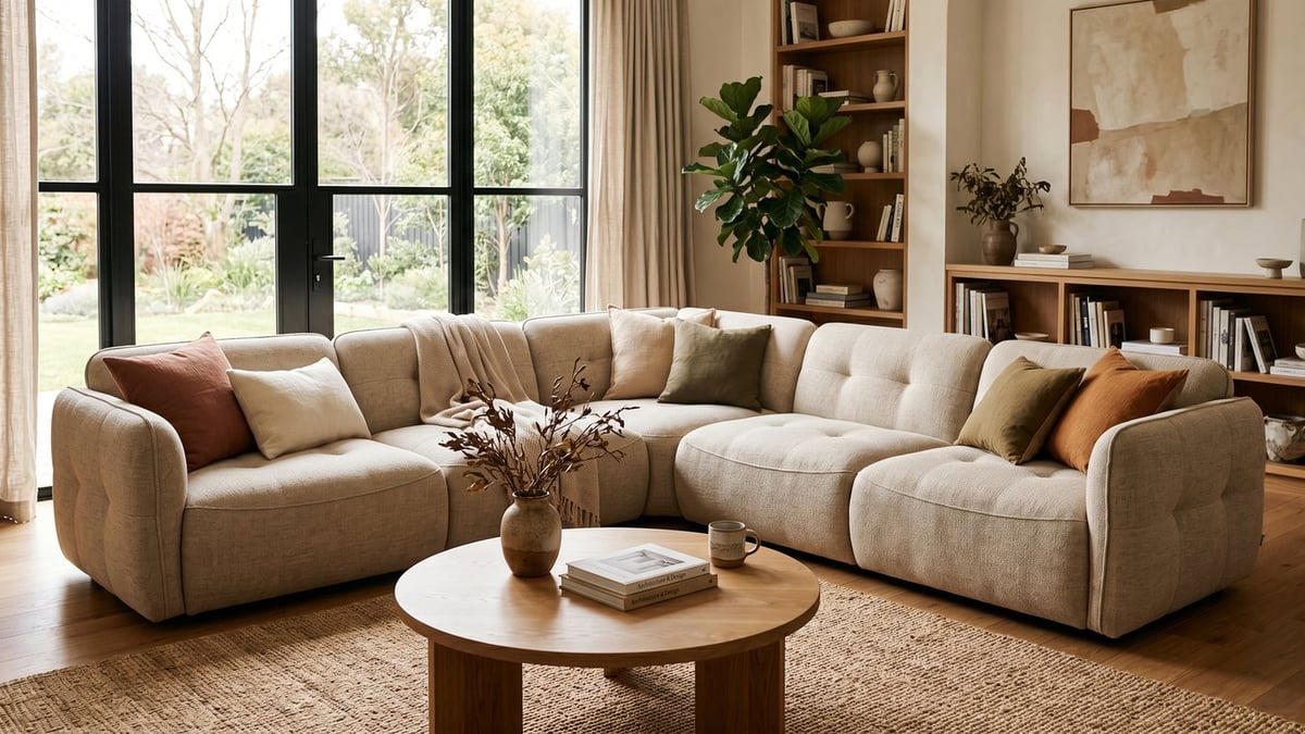 Oatmeal modular sofa arranged in an L-shape in a warm living room