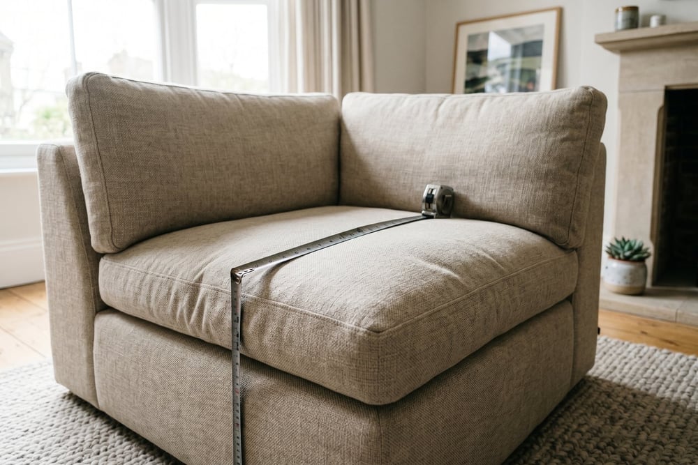 Modular sofa with a tape measure showing the depth of a single seat section