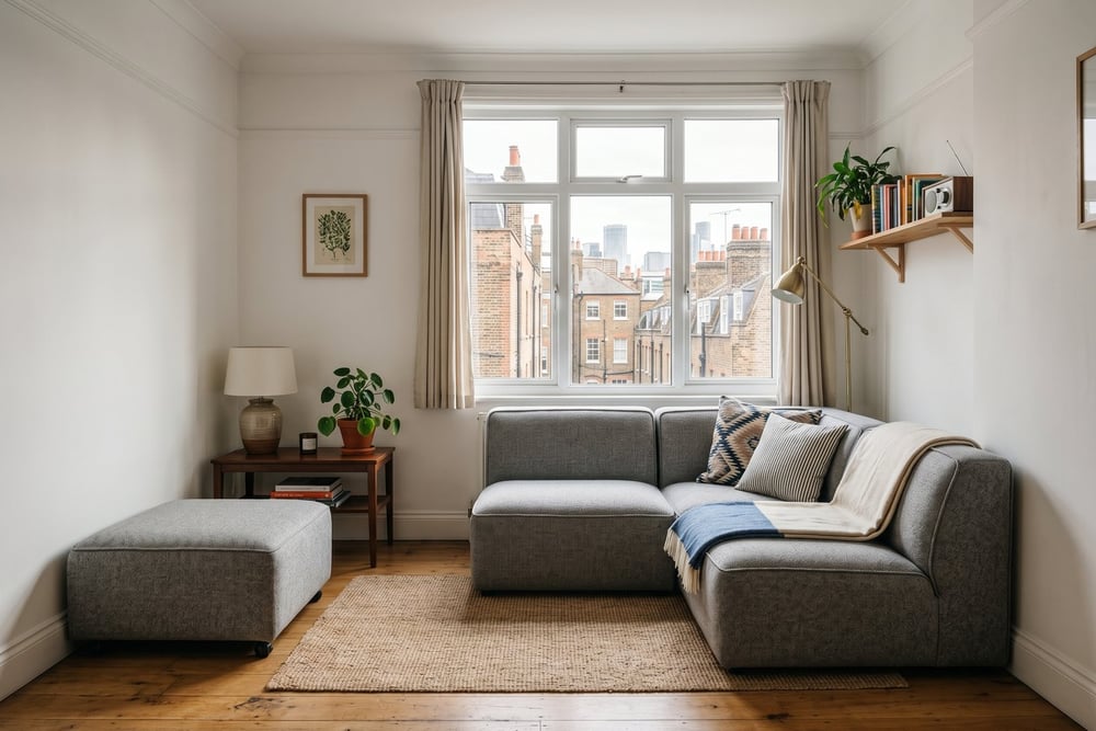Compact two-piece modular sofa with an ottoman in a small rented flat