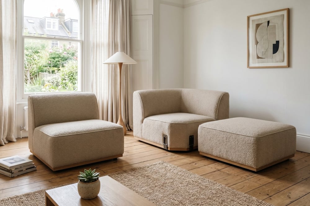 Separate modular sofa sections shown slightly apart to reveal how they connect