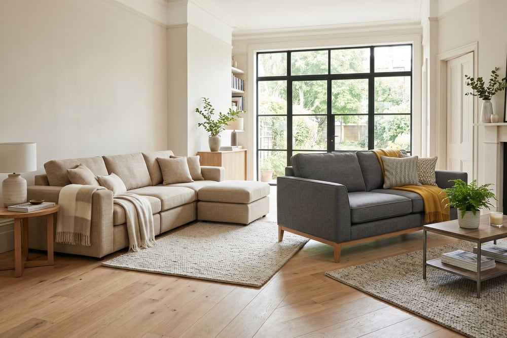 A modular sofa beside a fixed corner sofa to compare flexibility against solidity
