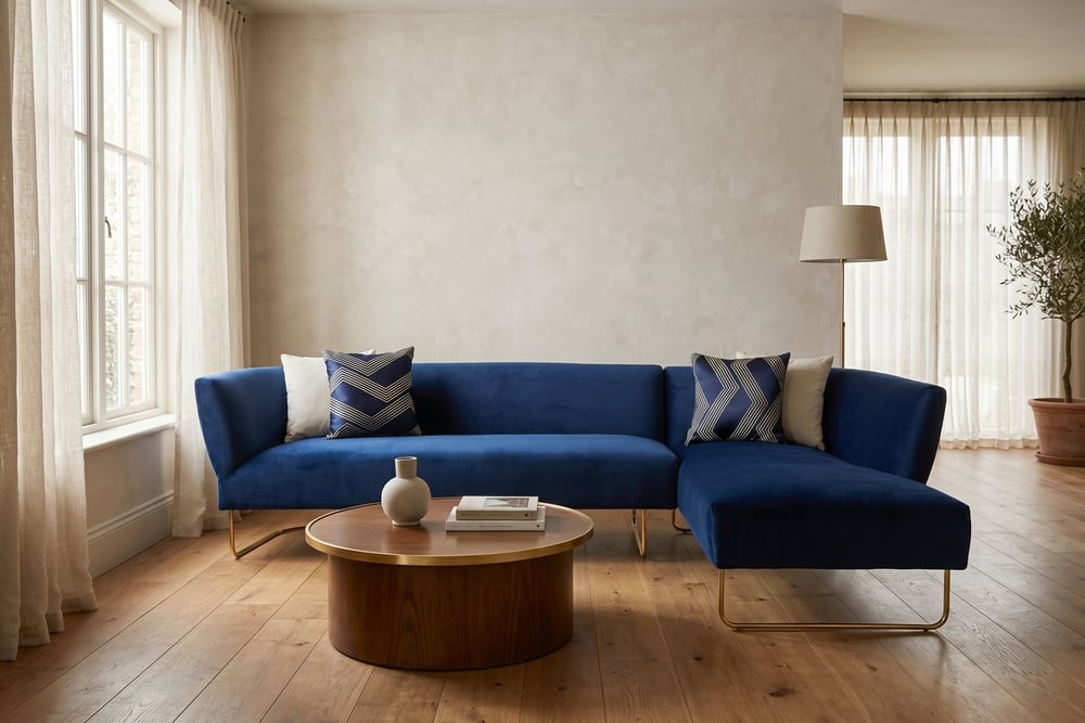 Renee dark blue velvet five-seat corner sofa styled in a modern living room
