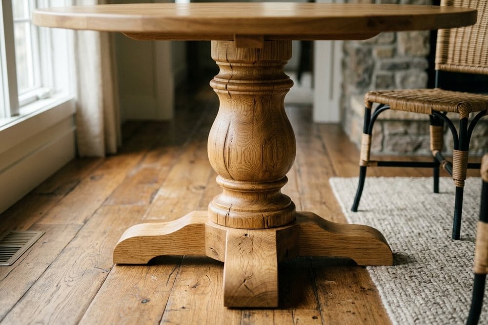 Close-up of a sculptural round dining table pedestal base in warm oak
