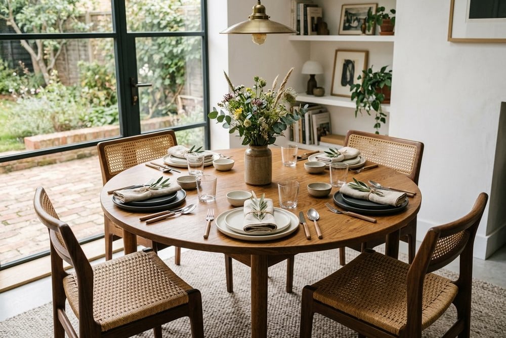 Round dining table set for four with chairs spaced evenly around it