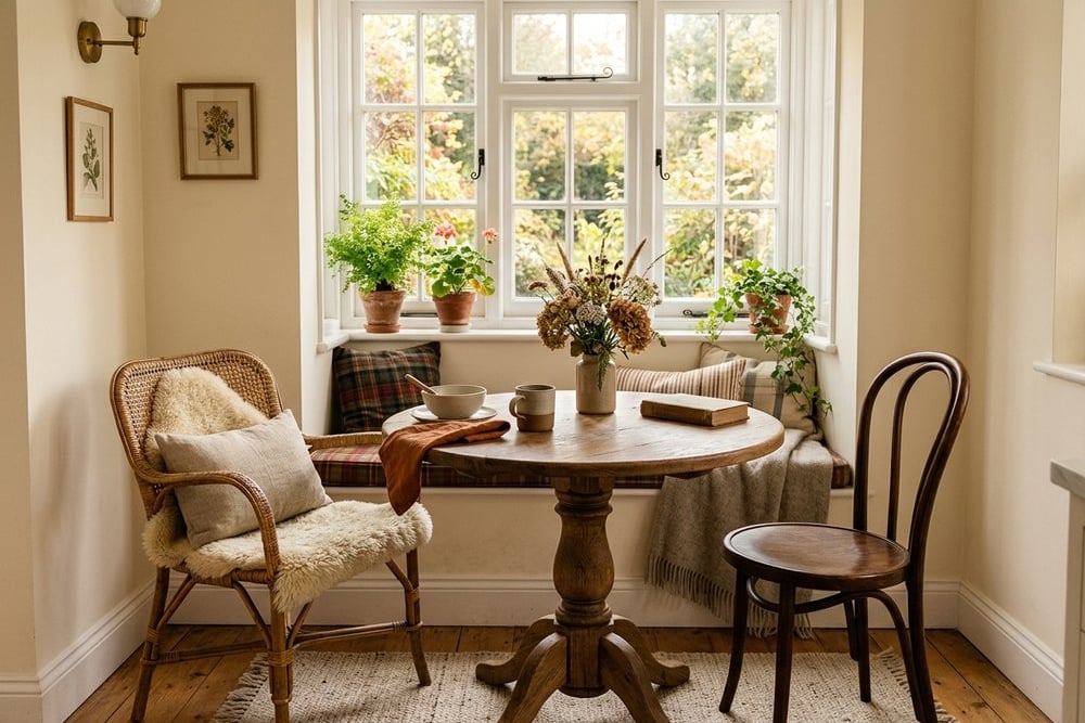 Small round pedestal table with two chairs in a cosy dining nook