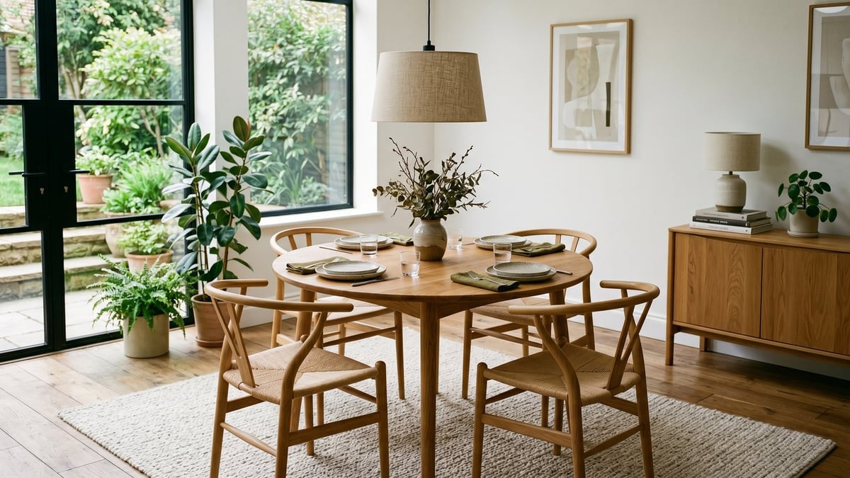 Round oak pedestal dining table with four chairs in a bright dining room