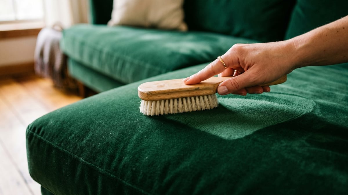 Close-up of a hand brushing a green velvet sofa cushion with a soft upholstery brush to lift the pile