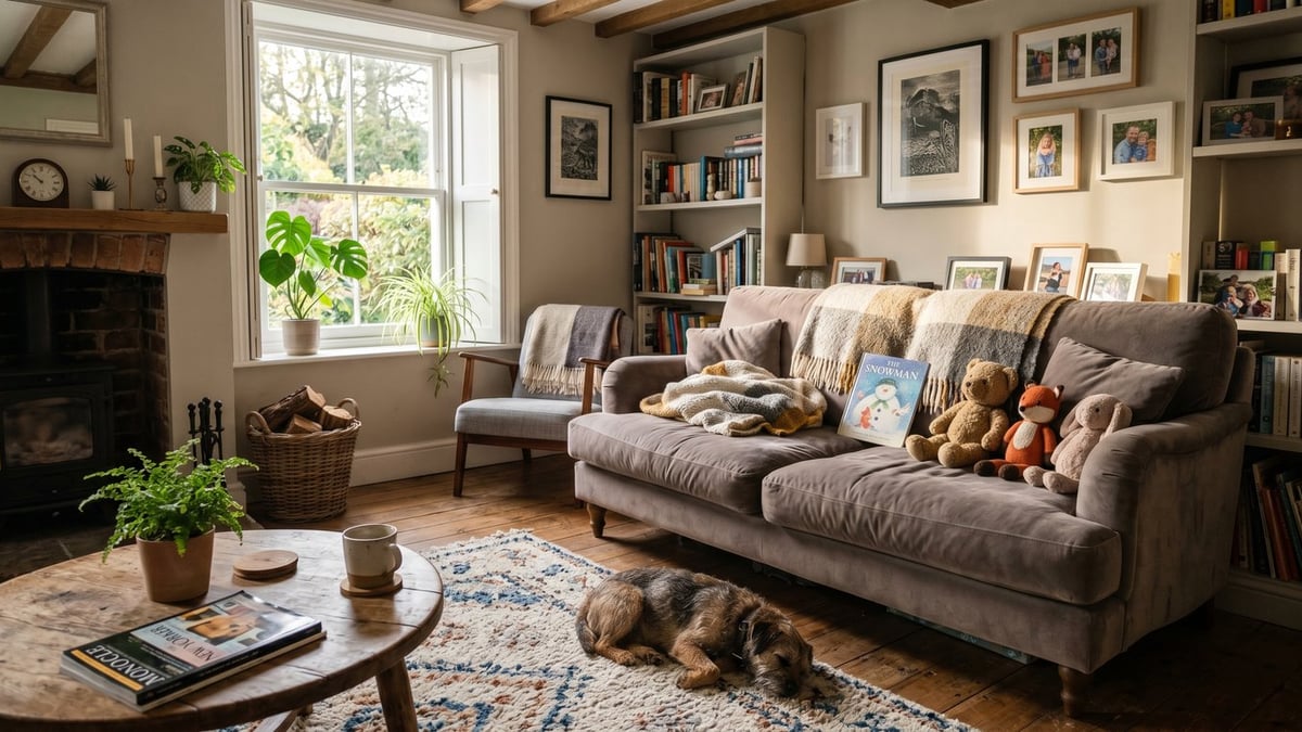 Relaxed UK family living room with a mink velvet sofa, a throw and soft toys on the seat and a dog resting nearby