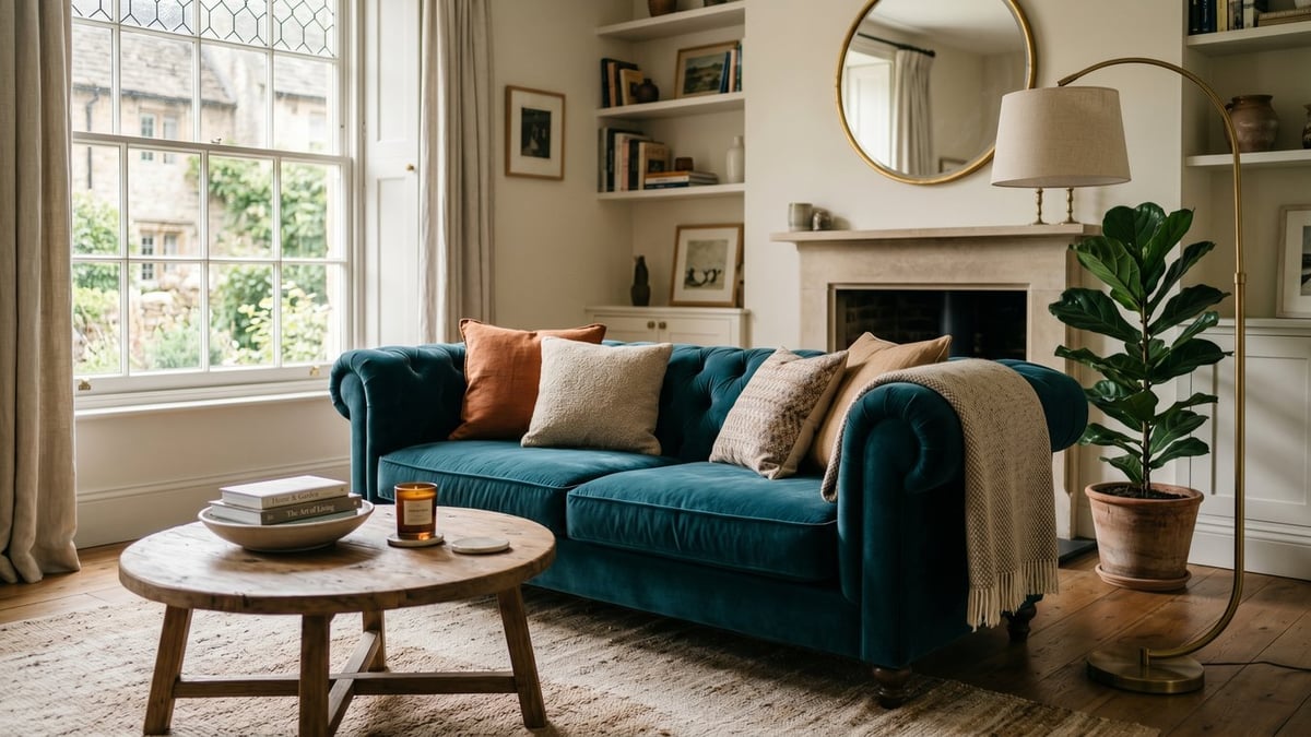 Deep teal velvet sofa as the centrepiece of an elegant UK living room with warm cushions and natural light