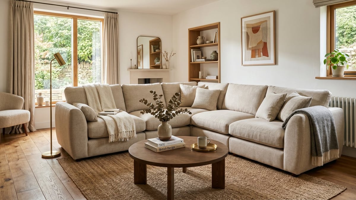 Oatmeal modular sofa built into an L-shape in a bright modern living room