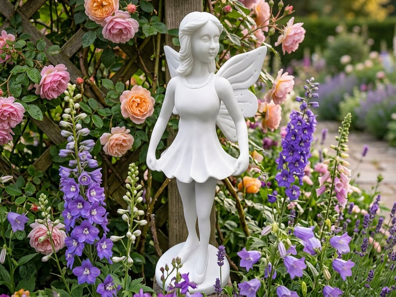 Curtseying Fairy ornament among blooming cottage garden flowers