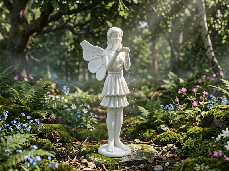 Fairy Dust ornament in a woodland garden with ferns and wildflowers