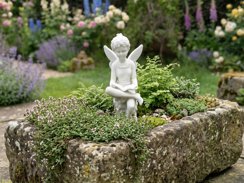 Reading Fairy ornament in a weathered stone container with miniature plants
