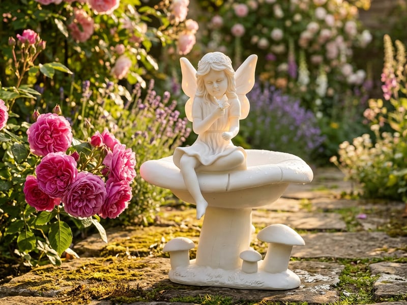 Fairy on Toadstool ornament in a sunny English cottage garden with roses