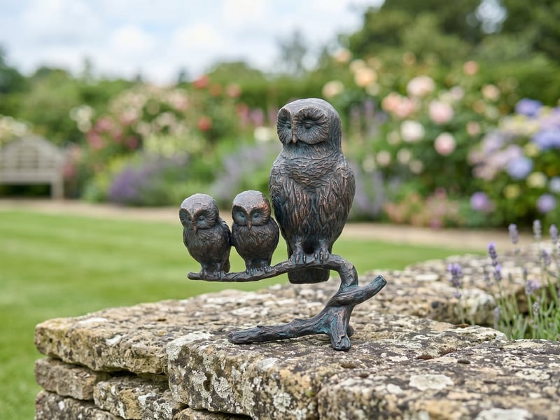Family of owls metal garden ornament with a parent and two owlets on a low stone wall in a family garden