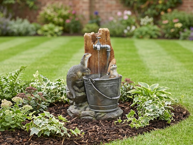 Bathing otters water feature with two otters at a pump pouring into a metal bucket in a flower-filled family garden