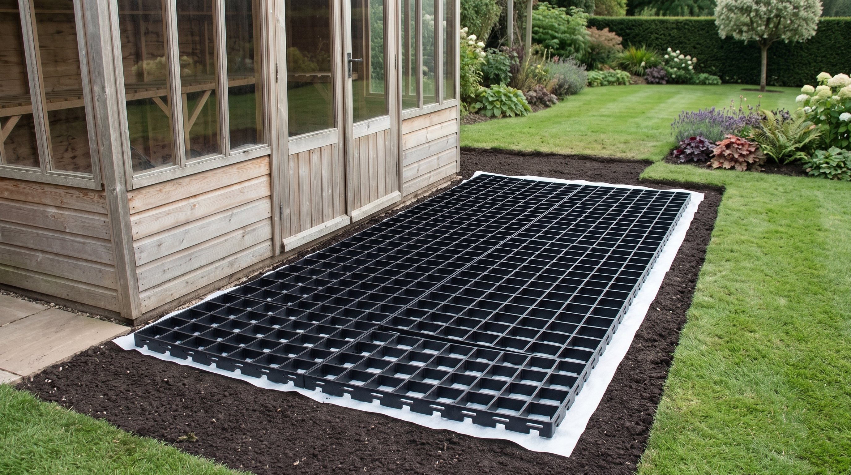 Fastfit 6x4 Garden Building Floor Kit prepared in a well-kept garden