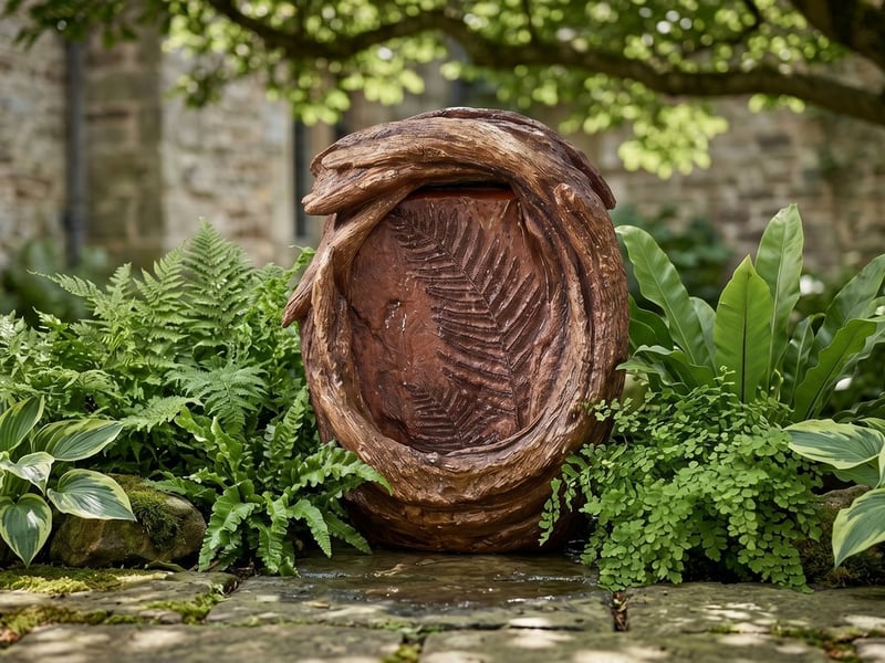 Ancient Fern resin cascade water feature running on a shaded courtyard patio among ferns and hostas