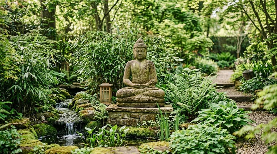 Stone Buddha statue positioned on a raised plinth in a UK feng shui garden with bamboo and flowing water