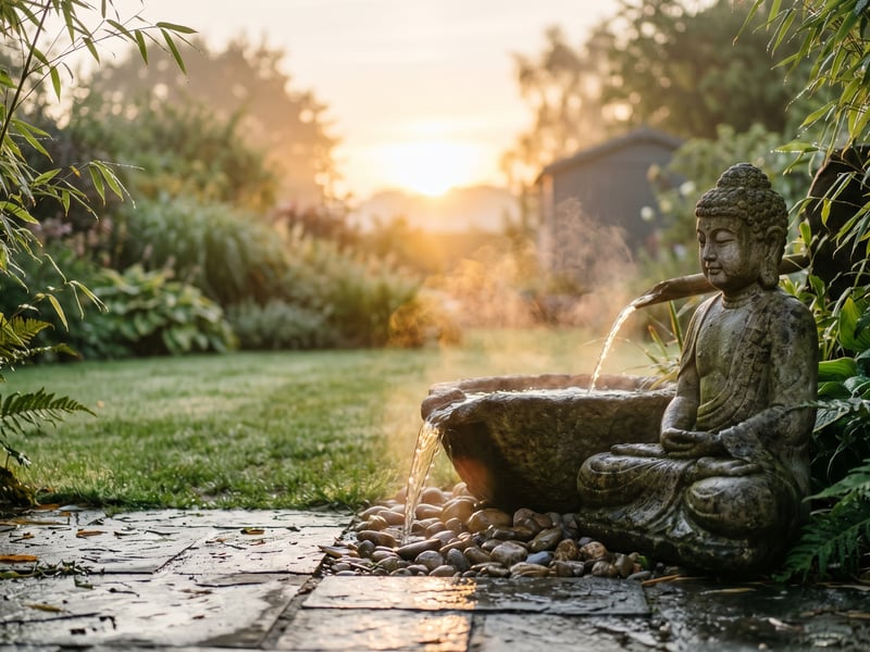 Serene UK garden at sunrise with a stone Buddha water feature in the eastern corner, mist rising over wet slate paving and dewy bamboo