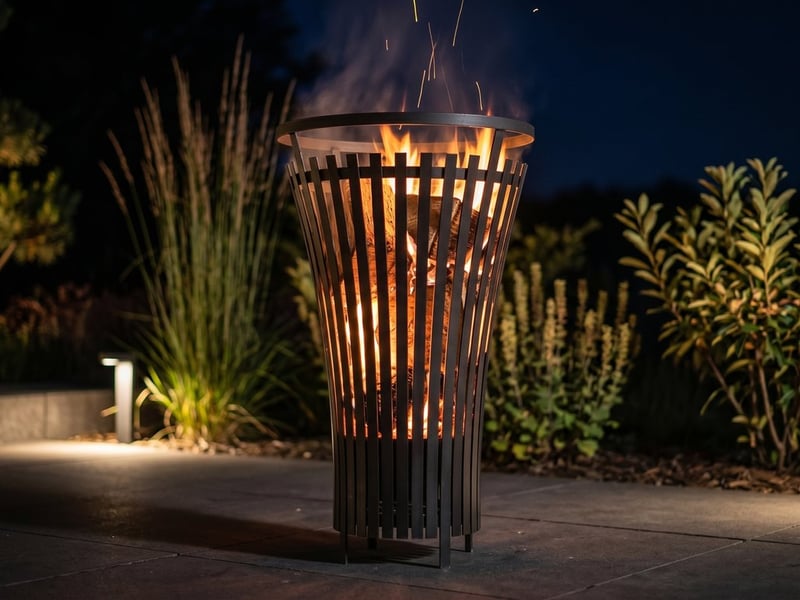 Steel Cook King Flame raised fire basket lit at night on a modern UK patio with sparks rising into the dark