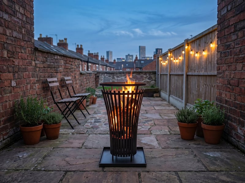 Cook King Flame 45cm steel fire basket lit at dusk in a Victorian terraced backyard with city rooftops beyond
