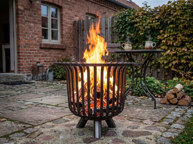 Cook King Verona 60cm steel fire basket with tall flames on a brick-walled town garden patio