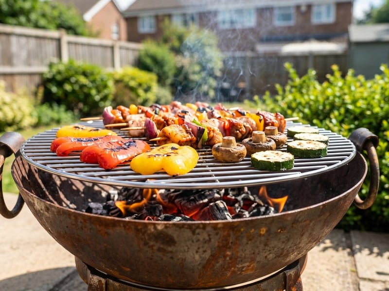 Food cooking on the stainless grill of a 40cm Kadai steel fire pit bowl on a sunny suburban UK patio