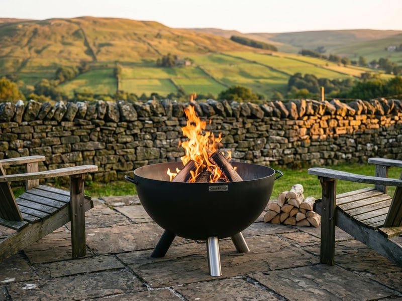 Cook King Kongo deep steel fire bowl burning on a flagstone terrace with Yorkshire hills behind