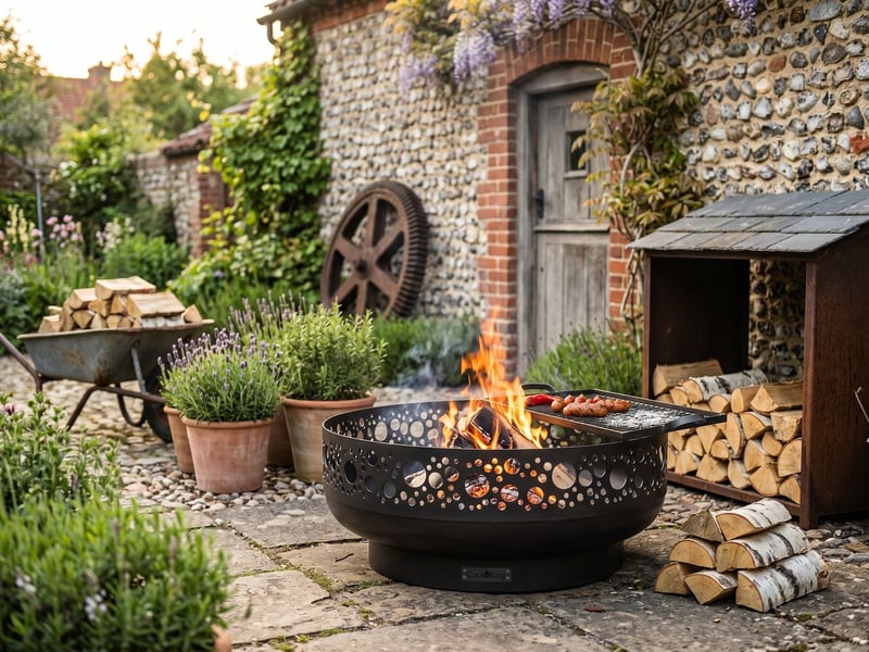 Cook King Boston decorative fire bowl burning birch logs beside a flint cottage wall with a full log store