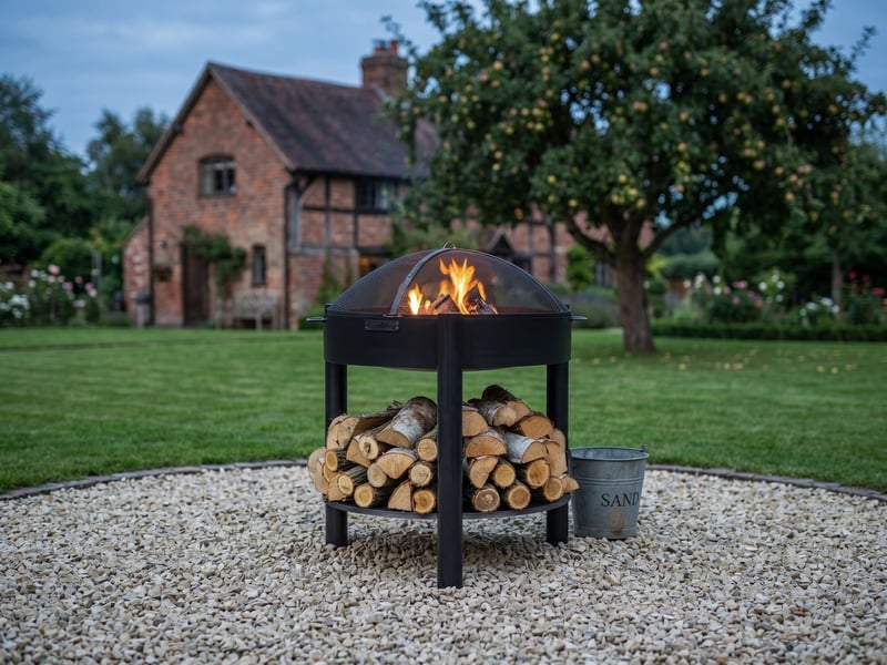 Cook King Montana 80cm high fire bowl with mesh spark screen fitted on a gravel circle with clear space around it