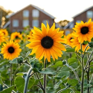 Tall yellow sunflower growing in a sunny UK garden with blue sky behind