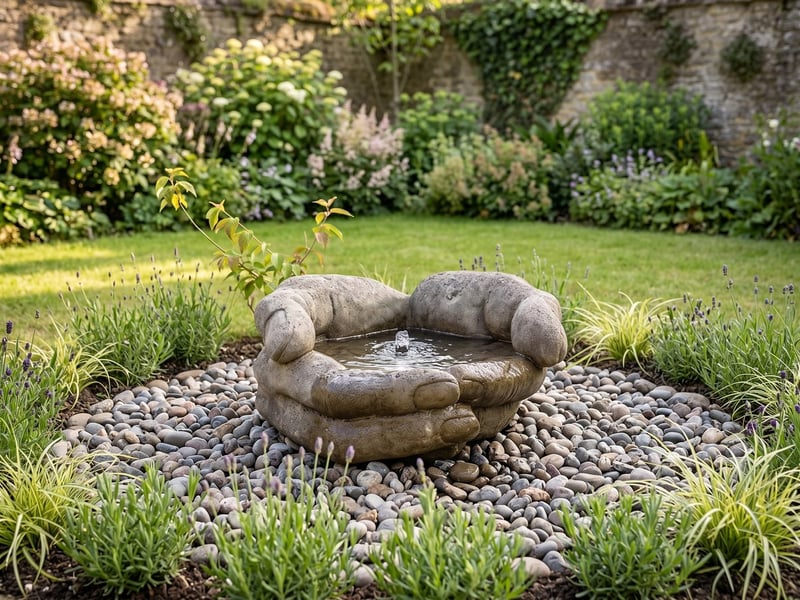 Cupped Hands stone garden fountain in a walled UK garden surrounded by lavender and pebble bed