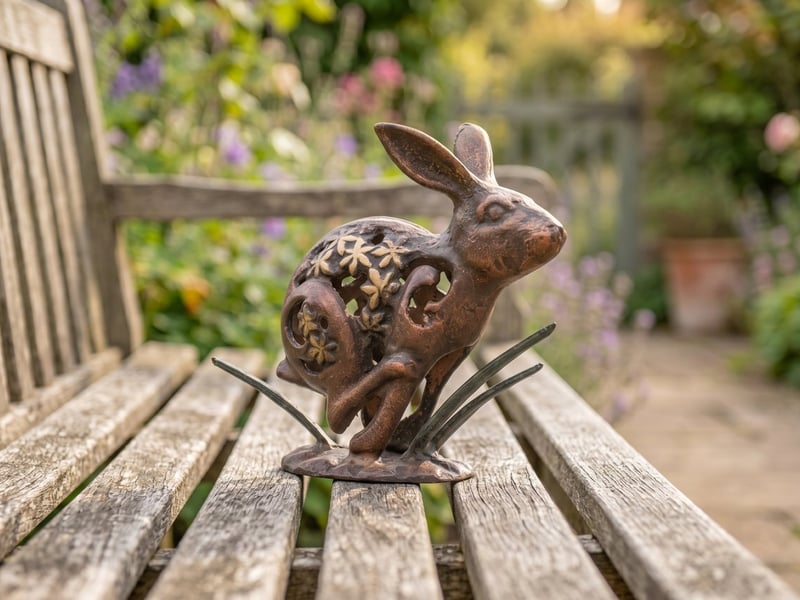 Iron fretwork rabbit garden ornament with a floral cut-out body resting on a weathered timber garden bench
