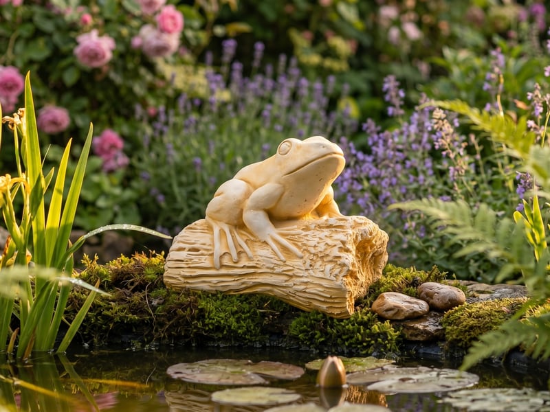 Sandstone frog on a log garden ornament at the mossy edge of a small wildlife pond in a UK cottage garden at golden hour