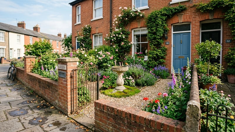 Stone ornament as focal point in a small terraced house front garden viewed from the pavement