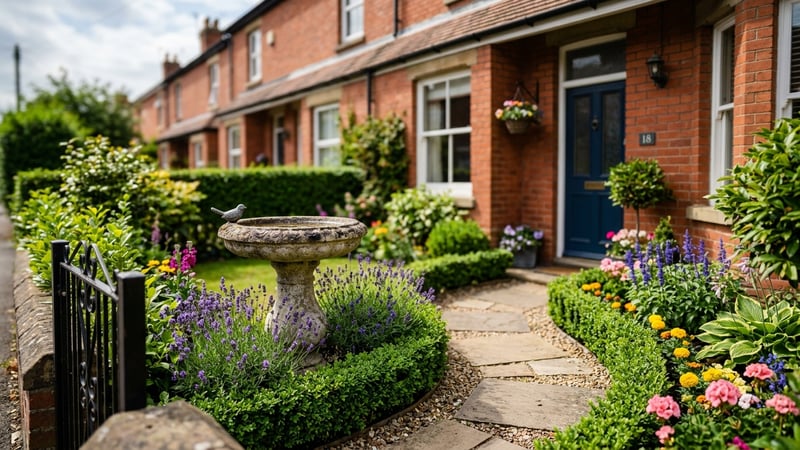 Stone bird bath ornament in a neat UK front garden with a red brick terraced house
