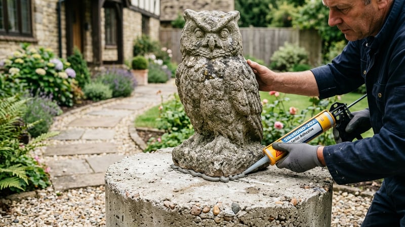 Securing a heavy stone garden statue to a concrete base with exterior adhesive in a front garden