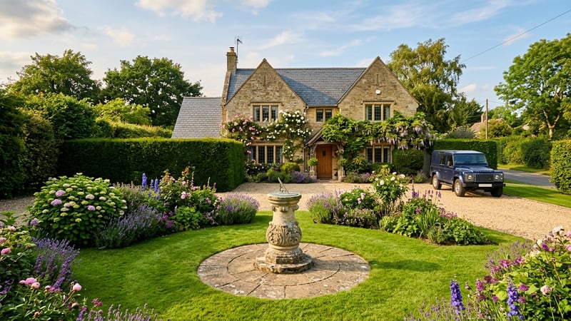 Detached UK house with a stone sundial on a classical pedestal as the front garden centrepiece