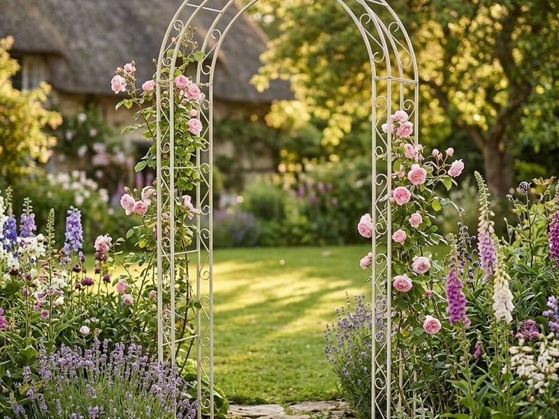 Climbing roses growing over a metal garden arch in a sunny UK garden