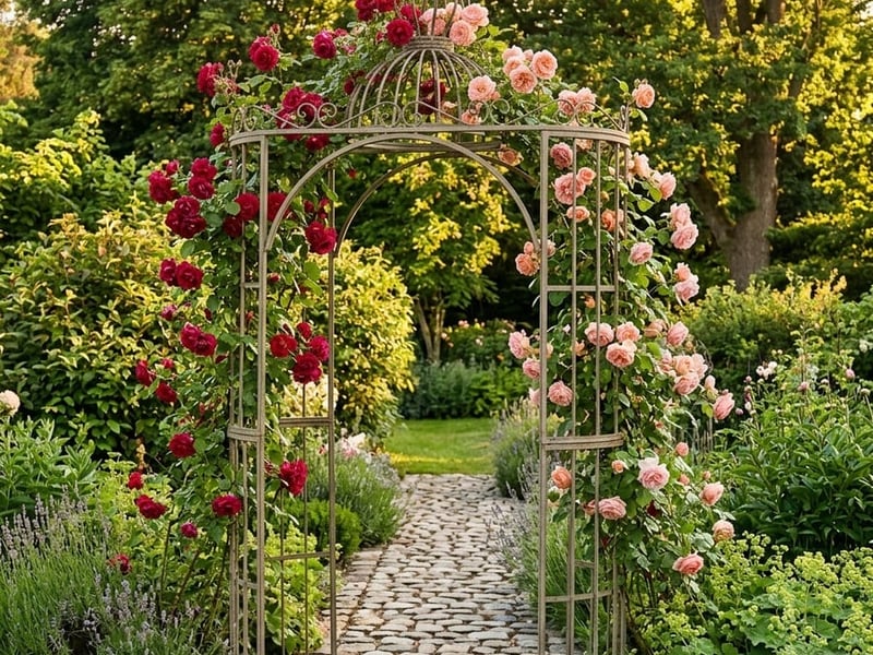 Ornate metal garden arch with scrollwork in a UK garden setting