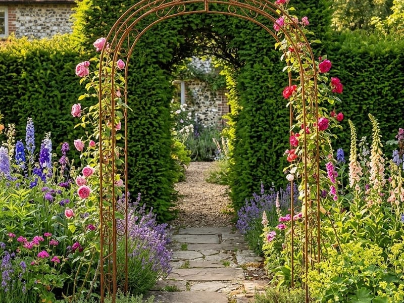 Metal garden arch with climbing roses in a UK cottage garden