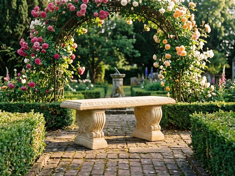 Gothic stone garden bench in sandstone on a lawn edge in front of a clipped evergreen hedge