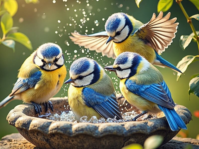 Blue tits bathing in a garden bird bath in a UK garden