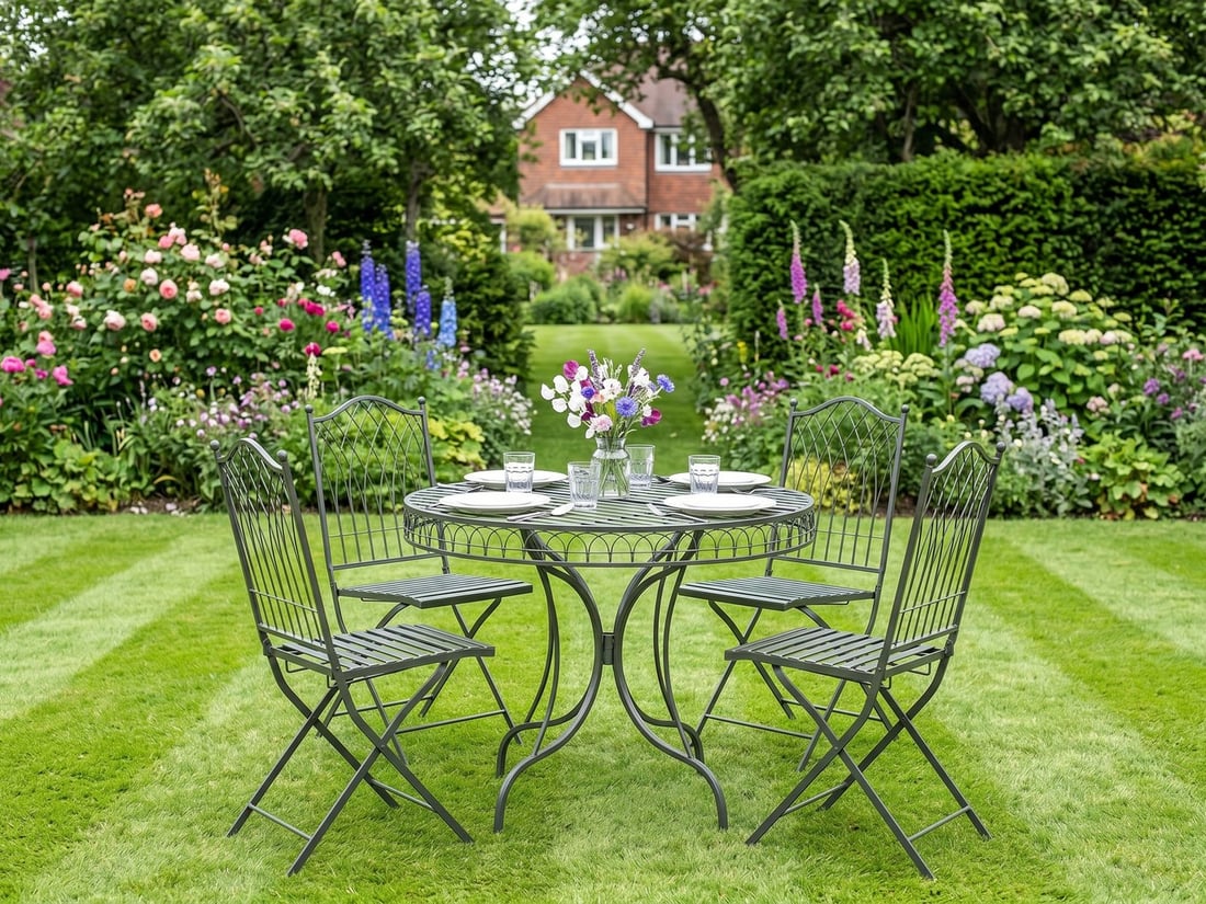 Grey ornate metal 4-seater garden dining set laid for lunch on a UK suburban lawn